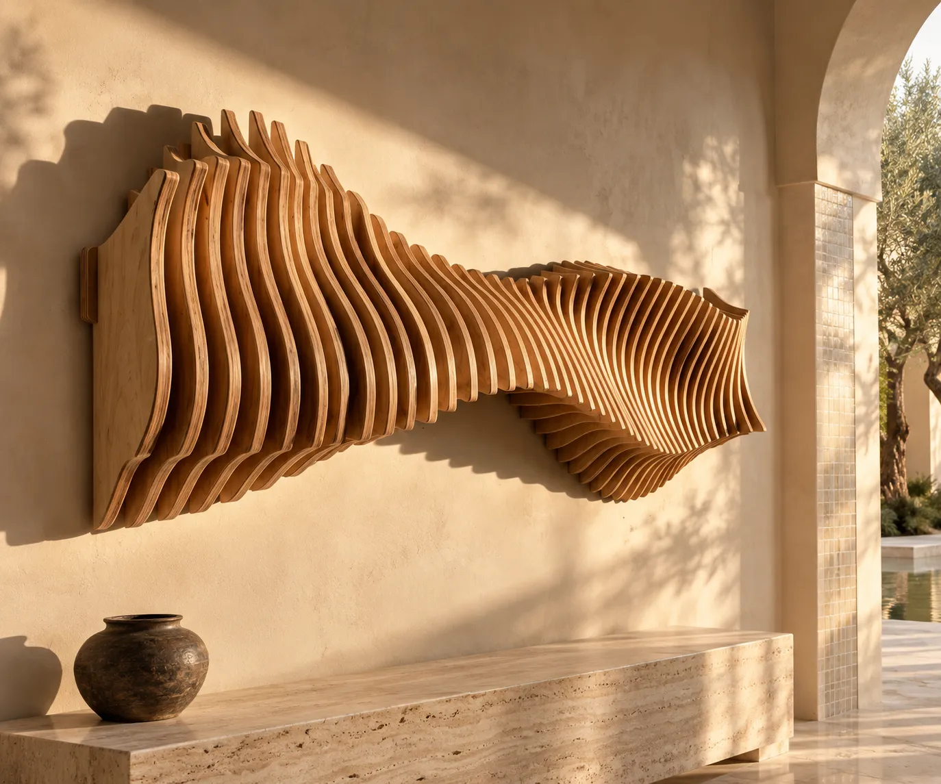 Sculpture murale Rimal en bouleau sur un mur enduit, lamelles éclairées par un soleil rasant, au-dessus d'un banc en travertin